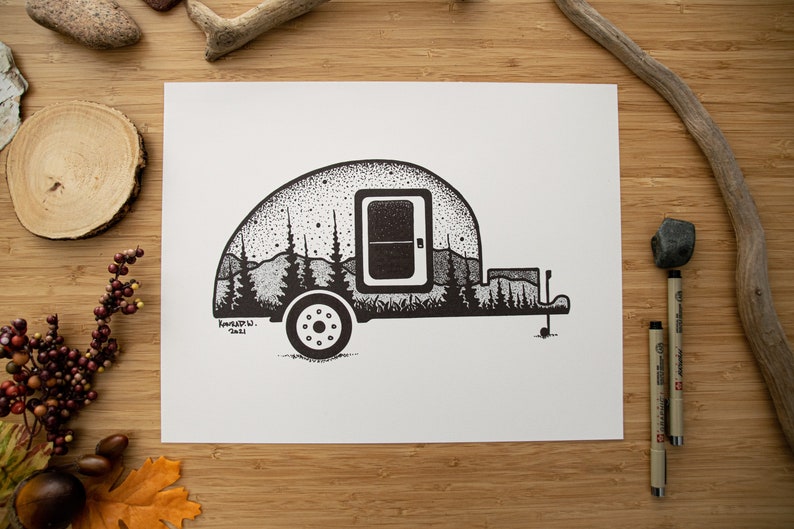 Teardrop Camping Trailer Pen and Ink PRINT 11x14 inches