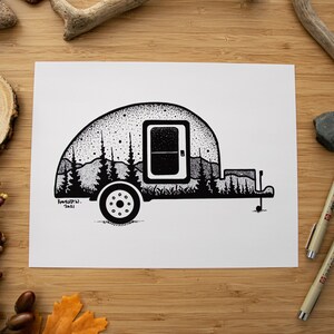 Teardrop Camping Trailer Pen and Ink PRINT 8.5x11 inches