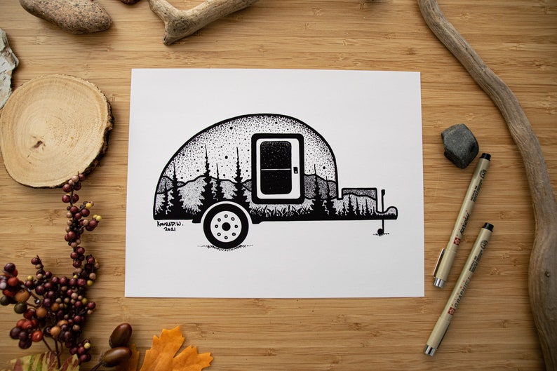 Teardrop Camping Trailer Pen and Ink PRINT 8.5x11 inches