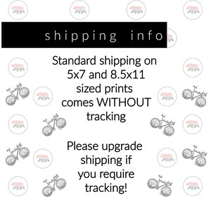 May include: Text on a white background with a repeating pattern of bears and bicycles. The text reads "shipping info" and "Standard shipping on 5x7 and 8.5x11 sized prints comes WITHOUT tracking. Please upgrade shipping if you require tracking!"