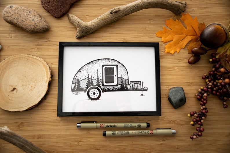 Teardrop Camping Trailer Pen and Ink PRINT image 1