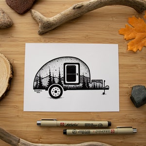 Teardrop Camping Trailer Pen and Ink PRINT 5x7 inches