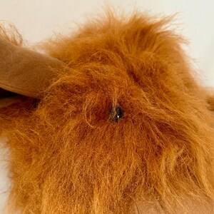 Peut inclure: Gros plan sur un jouet en peluche marron avec une fourrure longue et hirsute. Le jouet a un nez bouton noir.