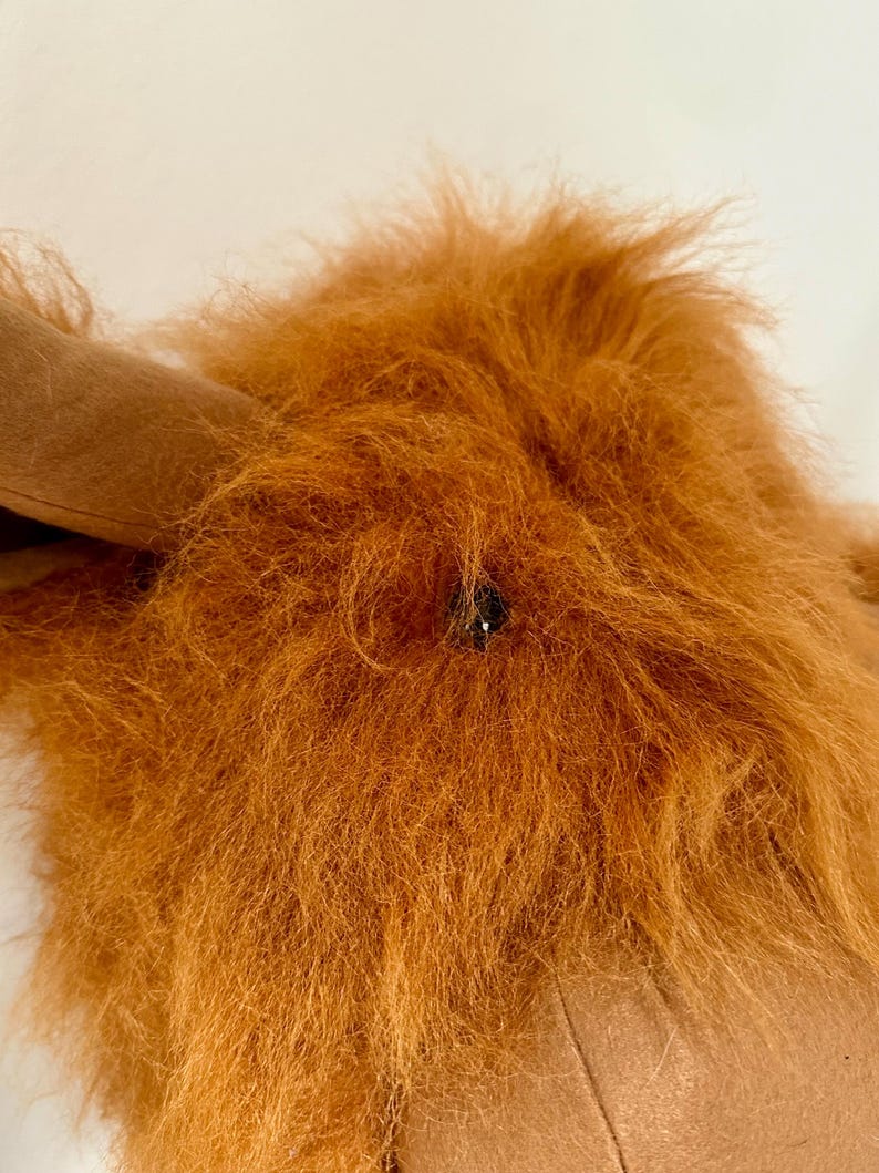Peut inclure: Gros plan sur un jouet en peluche marron avec une fourrure longue et hirsute. Le jouet a un nez bouton noir.
