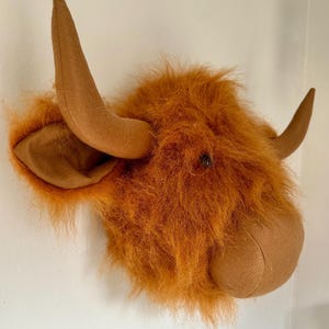 Peut inclure: Une t&ecirc;te de vache Highland en peluche marron &agrave; monter au mur. La vache a une crini&egrave;re longue et duveteuse et un nez marron. Les cornes sont en feutre et sont courb&eacute;es.