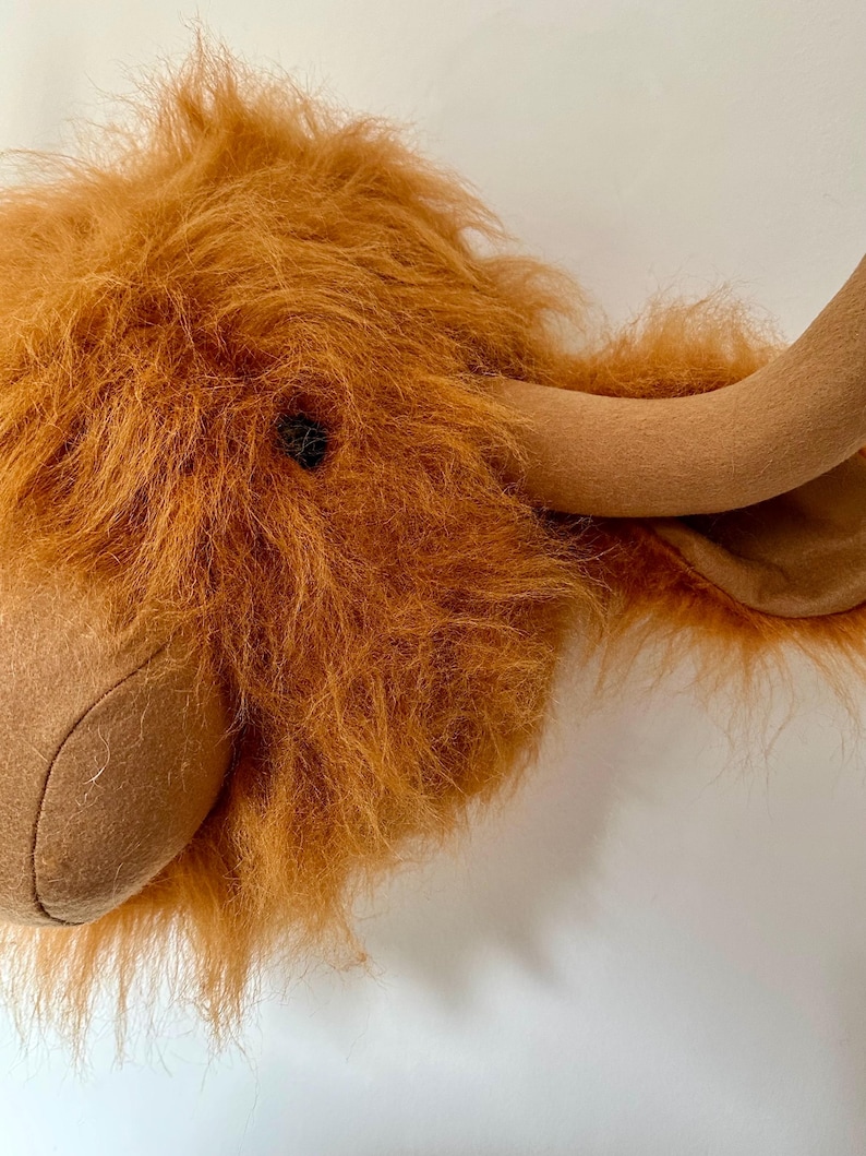 Peut inclure: Une t&ecirc;te de vache Highland en peluche marron et beige avec un pelage moelleux et hirsute. La t&ecirc;te est mont&eacute;e sur un mur blanc.