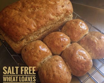 Low sodium whole wheat bread, as 2 loaves or 12 rolls.  Made with no salt and whole wheat for a hearty, delicious, very low sodium bread.