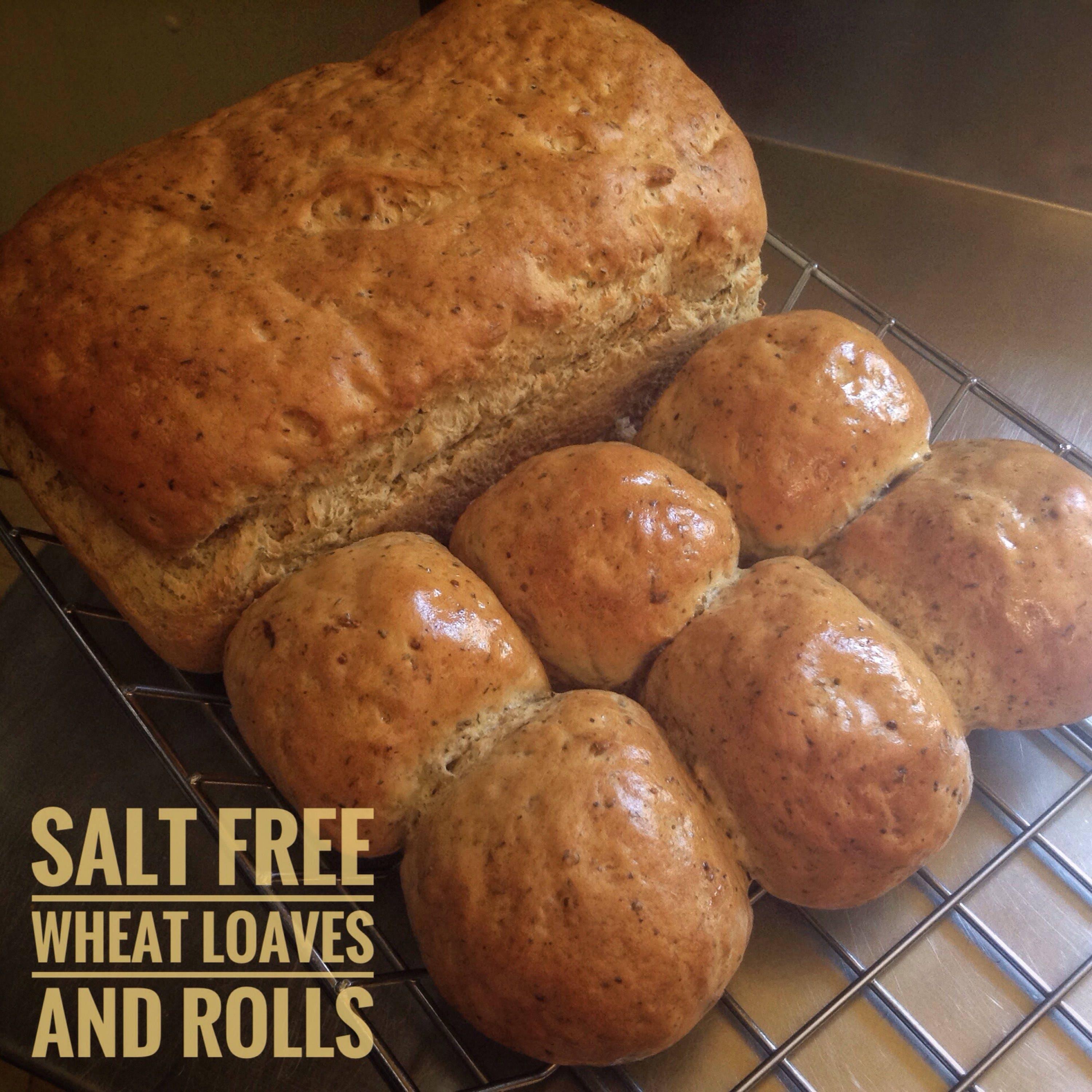 Low sodium whole wheat bread, as 2 loaves or 12 rolls. Made with no