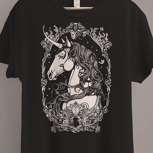 Goth Unicorn T-Shirt | Medieval Black Unicorn Shirt | Whimsigoth | Dark Fairycore Clothing | Dark Cottagecore | Dark Coquette | Pastel Goth