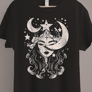 Moon Goddess T-Shirt | Celestial Crescent Moon | Witch Clothing | Witchy Shirt | Wiccan Witchcraft | Pastel Goth | Dark Academia Aesthetic