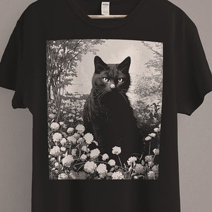 Black Cat in Garden T-Shirt | Green Witch Shirt | Witchy Clothing | Cottagecore | Pastel Goth Aesthetic | Wiccan Witchcraft | Dark Academia