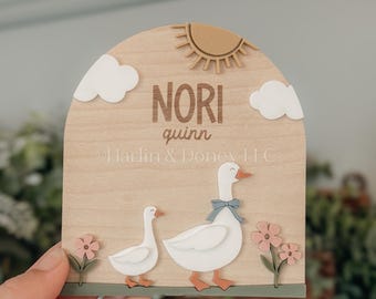 Arched Goose Sign with Name | Goose Nursery Art, Cottage Core, Whimsical Kids Room, Baby Girl Nursery Goose Sign, Baby Name Announcement