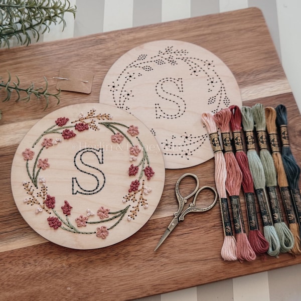 Embroidered Initial DIY Kit, DIY Embroidery Kit, Embroidery Gift, Gift for Coworker, Floral Embroidery, Gift for Her, Realtor Gift
