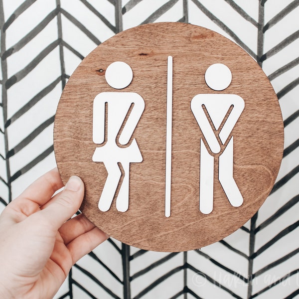 Round Restroom Sign, 3D Bathroom Sign, Bathroom Figures, Farmhouse Bathroom, Shelf Decor, Modern Bathroom, Mini Sign, Half Bathroom Decor