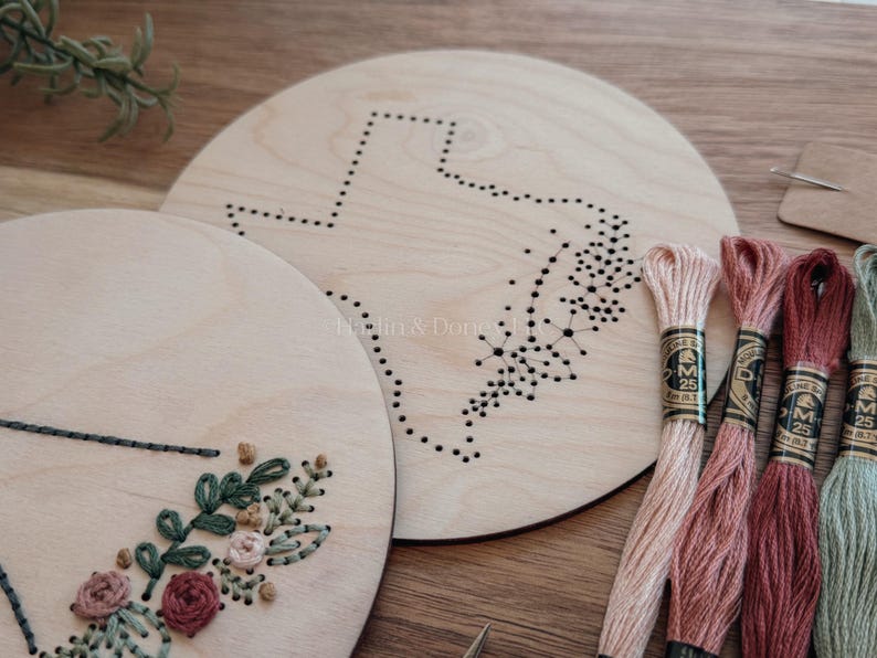May include: Two unfinished wooden embroidery hoops with a Texas outline and floral design. Several skeins of embroidery floss in shades of pink, red, and green are arranged nearby, along with a needle. The hoops are on a wooden surface.