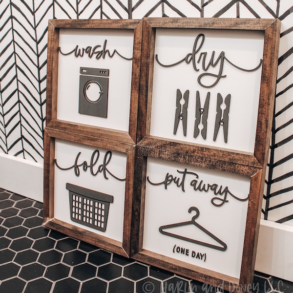 Laundry Sign Set, Modern Laundry Room Decor, Wash Dry Fold Put Away, Farmhouse Laundry Decor, Laundry Art, Laser Cut, Neutral Laundry Decor