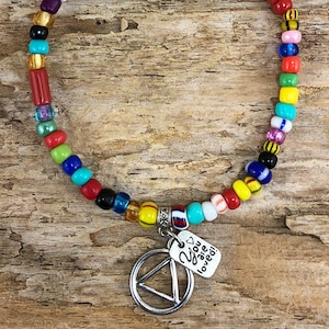 Alcoholics Anonymous Bracelet, Multi colored African beads stretch bracelet, Higher Power, AA Charm, Sobriety