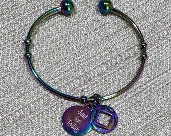 Just for Today, Narcotics Anonymous Rainbow Bangle Bracelet, Narcotics Anonymous Bangle Bracelet, NA Rainbow Cuff Bracelet