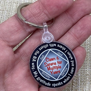 Puede incluir: Un llavero de acrílico transparente con un anillo de metal plateado. El colgante circular tiene un borde negro con texto blanco que dice "Mi gratitud habla cuando me preocupo y cuando comparto con otros el camino de NA". El centro tiene un diseño rojo y blanco.