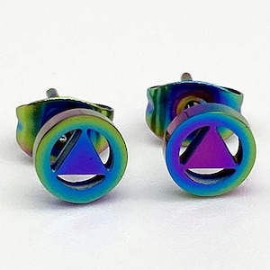 Stainless Steel Stud Earrings, Alcoholics Anonymous Earrings, Recovery Jewelry, AA Jewelry, 12 step earrings, Rainbow Anodized