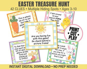 May include: Easter Treasure Hunt game with 42 clues, multiple hiding spots, and designed for ages 3-10. The game includes colorful cards with clues and illustrations of a carrot, chick, bunny, and sun. The text says "Instant Digital Download - No Prep Needed."
