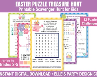 May include: A set of printable Easter puzzle treasure hunt activity sheets for kids. The pages feature colorful graphics including a watering can, flowers, and bunnies, with word searches, math problems, and coded messages to solve.