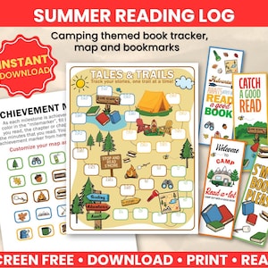 Tales and Ways Sommer Leselogbuch, druckbare Camping-Themen Buch-Tracker, Karte und Lesezeichen für Kinder jeden Alters, Lese herausfordernde Tabelle