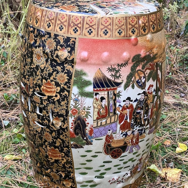 Satsuma Style Porcelain Ceramic 18” Garden Stool Seat Unsigned Numbered  Chinese?