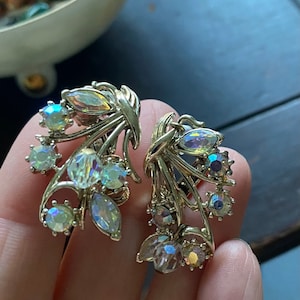 Vintage Coro Rhinestone Aurora Borealis Flower Bouquet Clip On Gold  Tone Earrings signed marked Midcentury