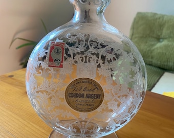 Vintage Baccarat J F Martell Cognac Argent Crystal Glass Michelangelo Etched Bottle Decantor Midcentury No Stopper