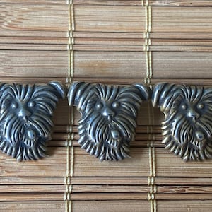 Vintage Very Thin Pressed Metal Trio of Dogs  Brooch Pin Unusual Lever C Catch (closes backwards) Yorkies Sheepdogs Three Heads Repousse