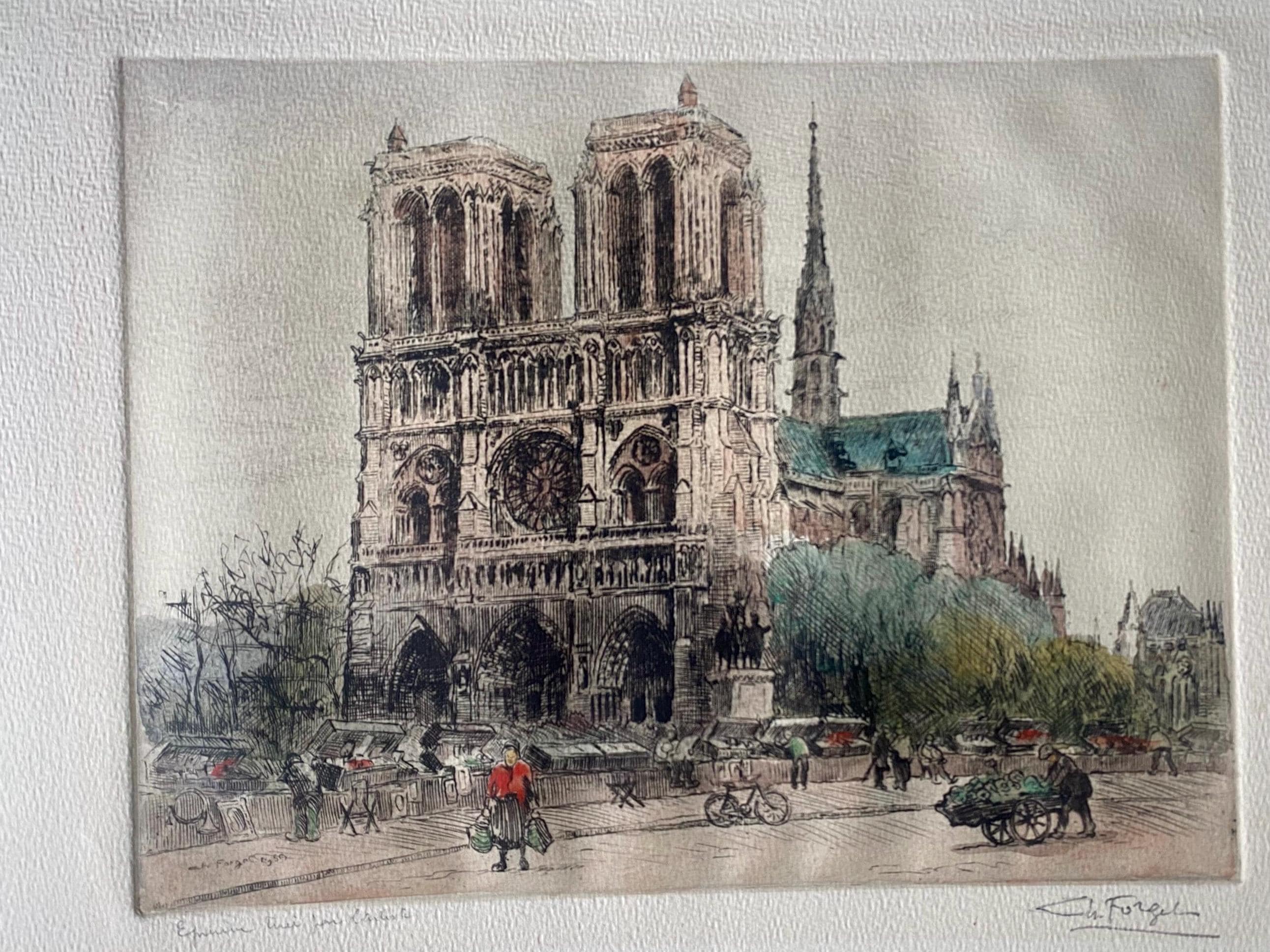 Vintage Charles Forget Colored Etching Signed Notre Dame? Street