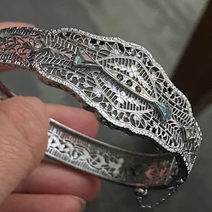 Vintage Antique JHP Hinged Filagree Rhodium Plated Bangle Marked  Small Light Blue, Clear, Dark Stone Accents Peckham