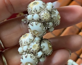 Quirky Cluster Milk Glass Rhinestone Midcentury on Silver Tone Clip On Earrings Unsigned