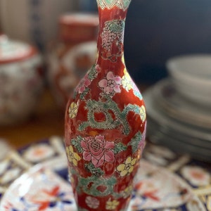 Antique Delicate Eggshell Chinese Red Vase W/ Dragons Flowers 8” high 1.5” bottom ZHONGGUO? China