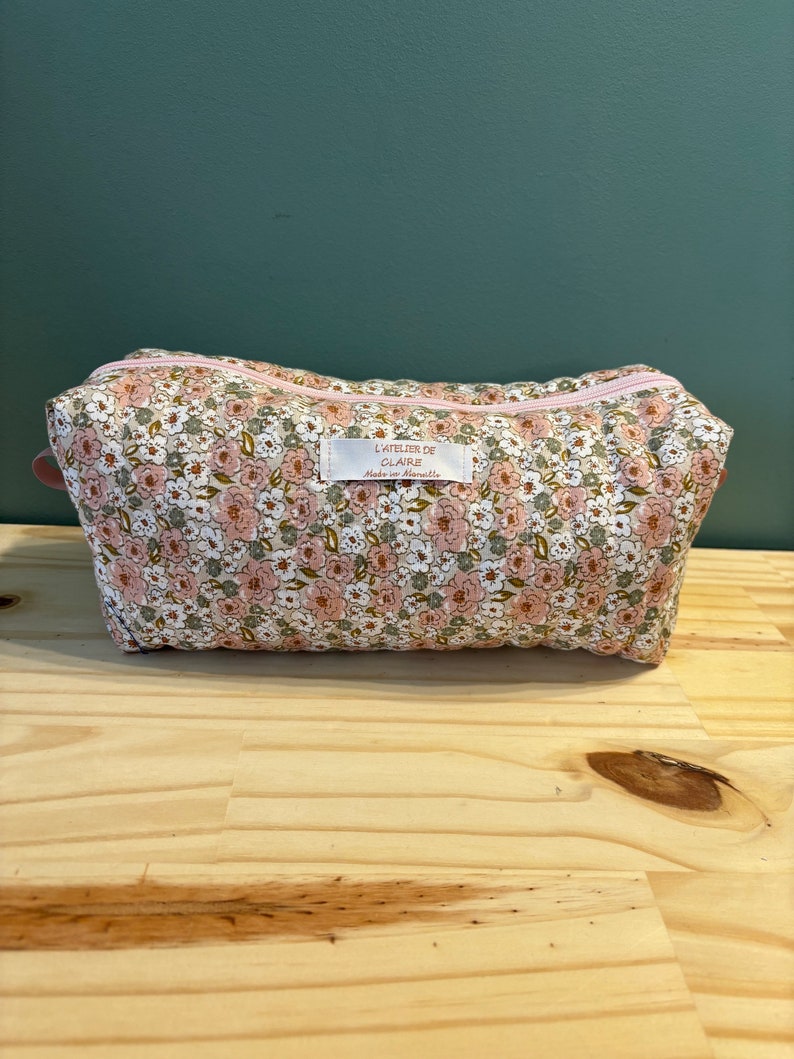 Grande trousse de toilette matelassée en coton oekotex ROSE FLEURS