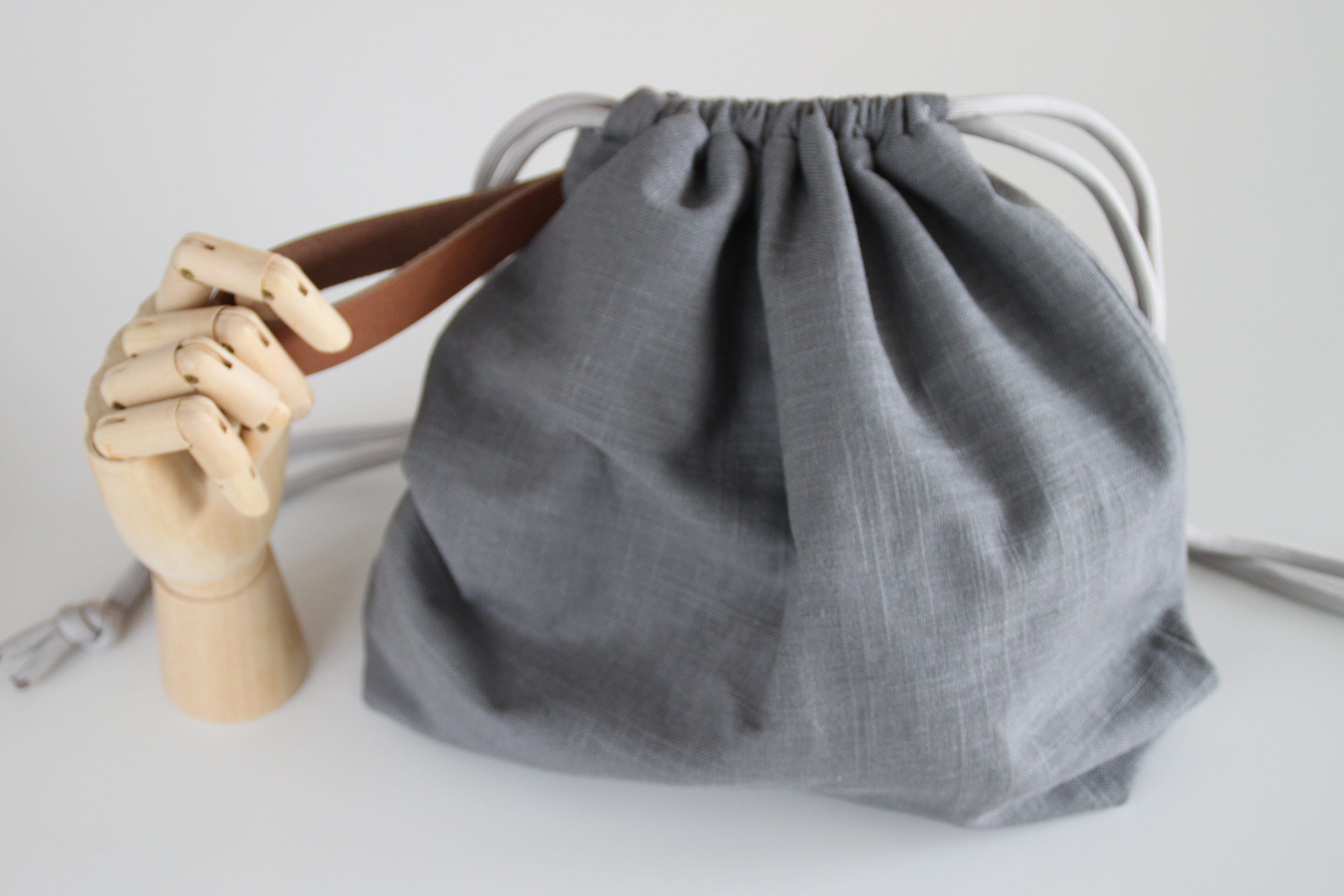 Knitting project bag linen drawstring bag with leather Etsy