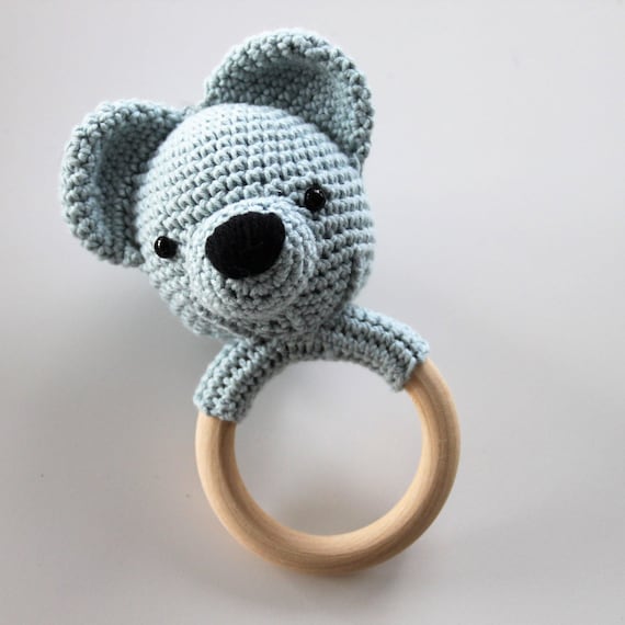 crochet baby gripper gripping ring with rattle koala bear with wooden ring