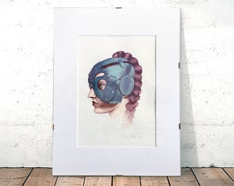 Original watercolour portrait - woman with mask framed - 40x30cm