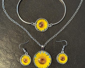 Sunflower Jewelry Set, Silver Chain Necklace, Earrings, Bracelet