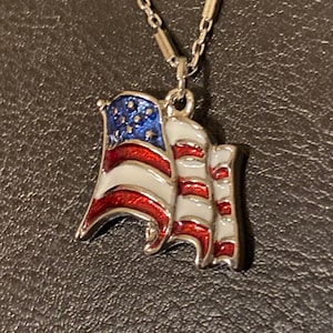 Waving American Flag Pendant In Silver Settings On Silver Plated Chain
