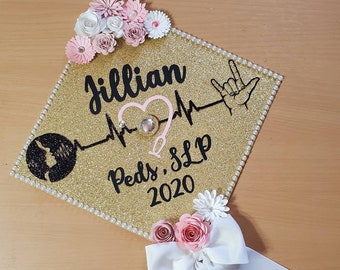 Graduation Cap Toppers/ Flower graduation cap/ Glitter Graduation Cap/ peds nurse/ nurse graduation cap with stickers/ nurse cap with bow