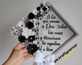 Graduation Cap Toppers/ Flower graduation cap/ Glitter Graduation Cap/ Customizable/ cap topper with blings/ silver/ black and white