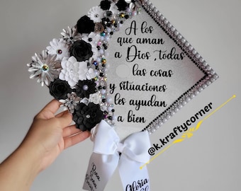 Graduation Cap Toppers/ Flower graduation cap/ Glitter Graduation Cap/ Customizable/ cap topper with blings/ silver/ black and white