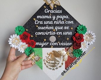 Graduation Cap Toppers/ Flower graduation cap/ Glitter Graduation Cap/ Customizable/ Mexican inspired cap/ Mexico cap/ cap with butterflies
