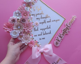 Graduation Cap Toppers/ Flower graduation cap/ Glitter Graduation Cap/ Customizable/ cap topper with blings/ pink and gold