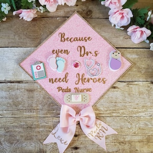 Graduation Cap Toppers/ Flower graduation cap/ Glitter Graduation Cap/ peds nurse/ nurse graduation cap with stickers/ nurse cap with bow image 1