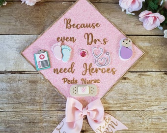 Graduation Cap Toppers/ Flower graduation cap/ Glitter Graduation Cap/ peds nurse/ nurse graduation cap with stickers/ nurse cap with bow