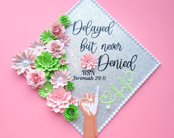 Graduation Cap Toppers/ Flower graduation cap/ Glitter Graduation Cap/ pink and green/ AKA inspired