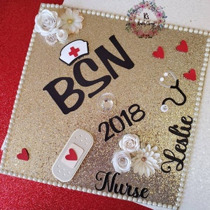 Graduation Cap Toppers/ Flower graduation cap/ Glitter Graduation Cap/ Customizable/ nurse cap topper image 1